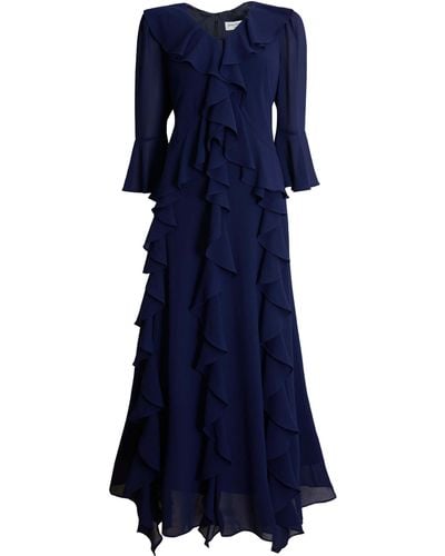 James Lakeland V-neck Chiffon Ruffle Dress In Navy - Blue