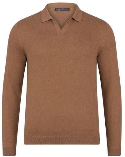 Paul James Knitwear S Cotton Lightweight Lyndon Buttonless Polo Shirt - Brown