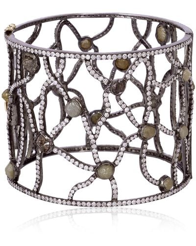 Artisan Natural Bezel Set Ice Diamond With 18k Gold 925 Silver In Vintage Cuff Bracelet Bangle - Black