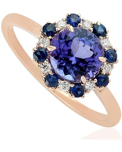 Artisan Rose Gold Diamond Halo Ring With Tanzanite & Sapphire Jewelry - Blue