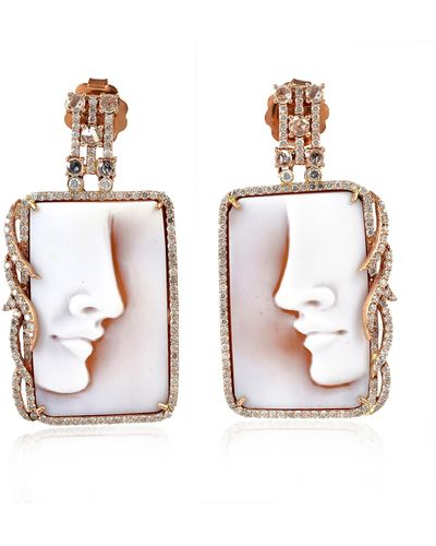 Artisan 18k Rose Gold Pave Diamond Shell Camoes Dangle Earrings - White