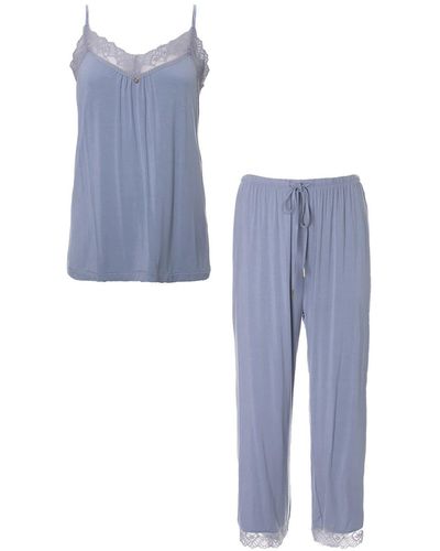 Pretty You London Bamboo Lace Cami Cropped Trouser Set In Mist - Blue