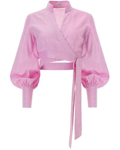 Lita Couture Puffed Sleeve Cropped Linen Blouse - Pink