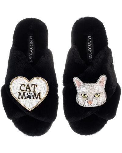 Laines London Classic Laines Slippers With White Lily Cat & Cat Mum / Mom Brooches - Black