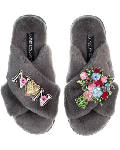 Laines London Classic Laines Mother's Day Slippers With Floral Bouquet & Nan Brooches - Grey