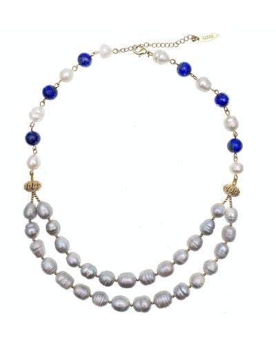 Farra Gray Freshwater Pearls With Round Lapis Double Strands Necklace - Metallic