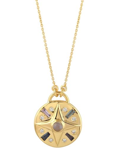 Artisan 18k Yellow Gold Moonstone Sapphire Topaz Iolite Diamond Necklace Handmade Jewelry - Metallic