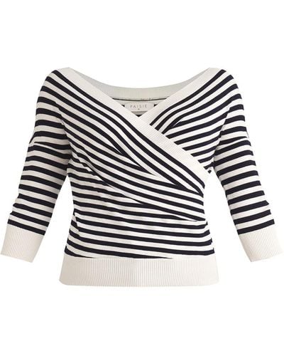 Paisie Knitted Wrap Top With 3/4 Sleeves In Navy And White - Black