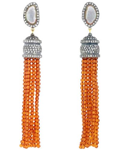 Artisan Amber & Geode Pave Diamond Beaded Tassel Earrings In 18kt Gold Sterling Silver Jewelry - Orange