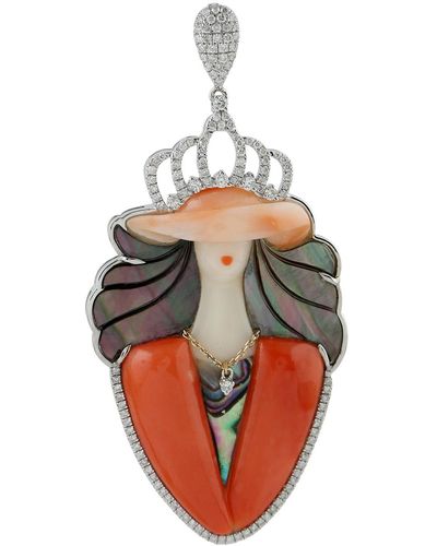 Artisan White Gold Female Figure Queen Pendant Mix Stone - Red