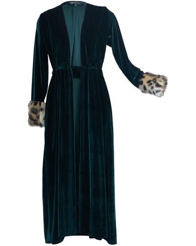 Jennafer Grace Emerald Velvet Duster W. Faux Fur Leopard Cuffs - Green