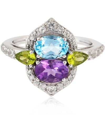 Artisan 925 Sterling Silver In Peridot & Topaz With Amethyst Prong Cocktail Ring - Purple