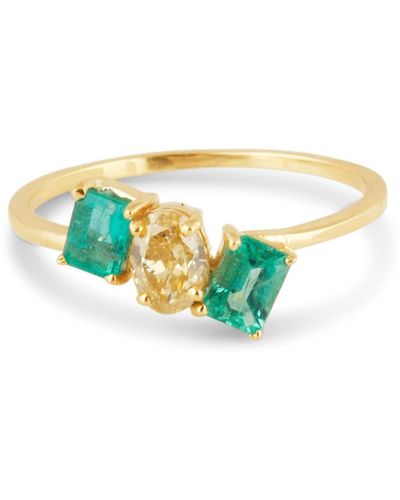 Trésor Emerald Rectangle And Diamond Oval Ring In 18k Yellow Gold - Blue