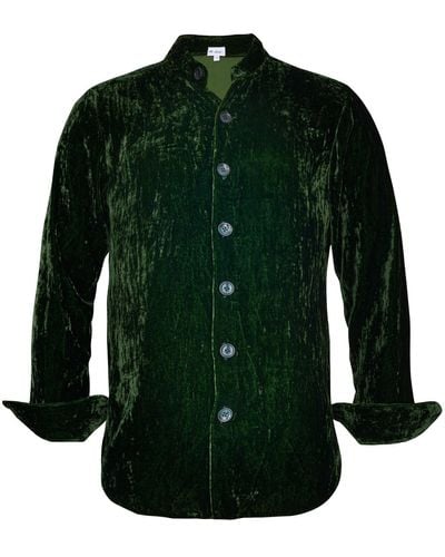 At Last Silk Velvet Shirt In Forest With Mandarin Collar - Green