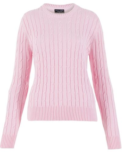 Paul James Knitwear S Cotton Crew Neck Taylor Cable Sweater - Pink