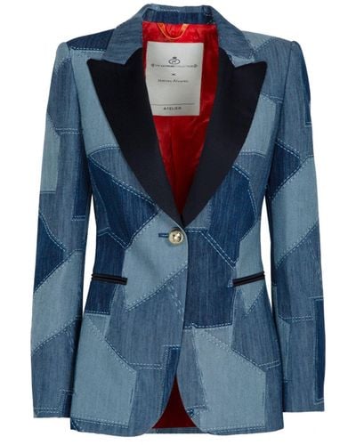 The Extreme Collection Single Breasted Denim Cotton Blazer With Ornamental Flap Pockets Blossom - Blue