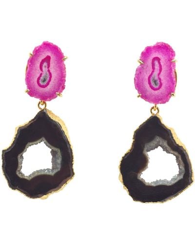 YAA YAA LONDON 'dark Love' Pink Gemstone Gold Statement Earrings - Black