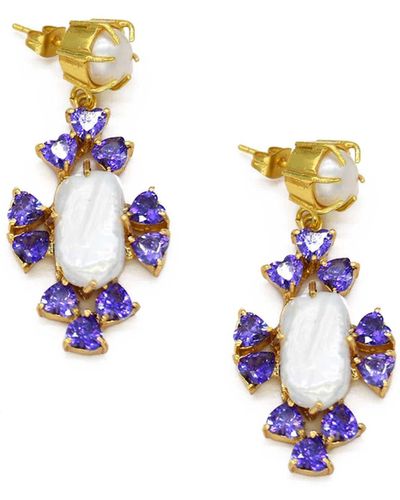 ADIBA Purple Cubic Zircon & Baroque Pearls Handmade Drop Earrings - Metallic