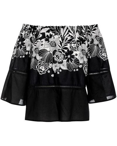 Conquista Floral Top With Bell Sleeves - Black