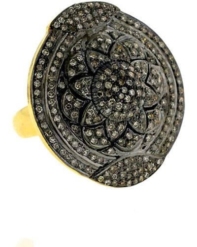 Artisan Natural Pave Diamond 14k Gold 925 Sterling Silver Flower Design Vintage Ring Jewellery - Grey