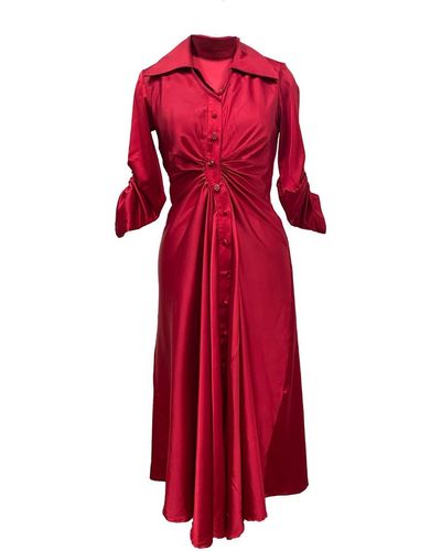 Style Junkiie Satin Cinched Midi Dress - Red