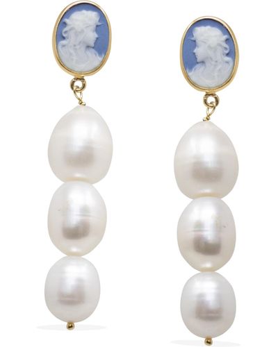 Vintouch Italy Portrait Of A Girl Sky Blue Cameo And Pearl Earrings - White
