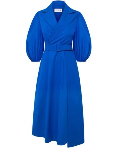 Femponiq Wide Lapel Asymmetric Belted Midi Cotton Dress - Blue