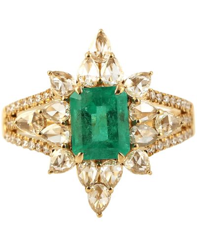Artisan Natural Emerald & Diamond Beautiful Cocktail Ring 18k Yellow Gold - Metallic