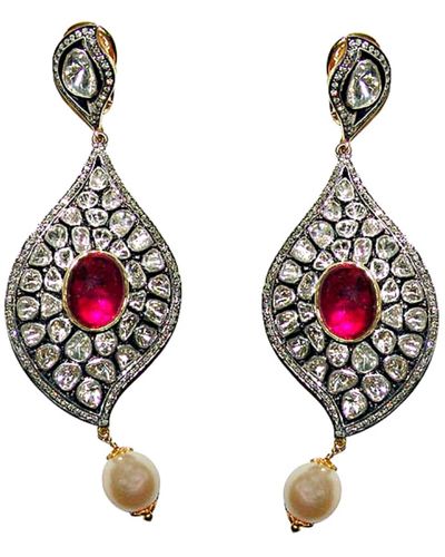 Artisan Gold Ruby Pearl Diamond Sterling Silver Dangle Earrings - Red
