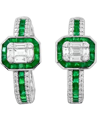 Artisan 18k White Gold With Baguette Diamond & Emerald Stylish Earrings - Green