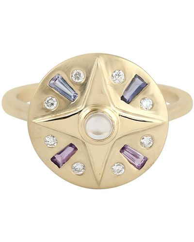 Artisan 18k Yellows Gold Diamond Star Disc Ring Rose Quartz Sapphire Tanzanite Amethyst Iolite Baguette Gemstone Jewelry - Metallic