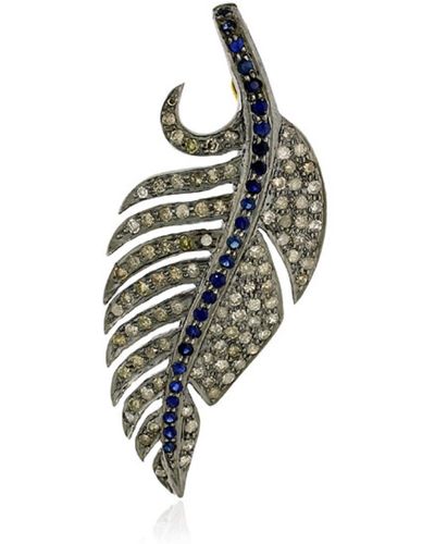 Artisan Pave Diamond Feather Sapphire 18k Gold 925 Sterling Silver Pendant Jewelry - Metallic