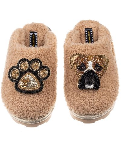 Laines London Teddy Towelling Closed Toe Slippers With Pip The Boxer & Paw Print Brooches - Metallic
