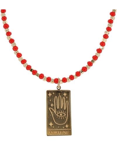Ebru Jewelry Good Fortune Tarot Card Gold Pendant Coral Beaded Necklace - Metallic
