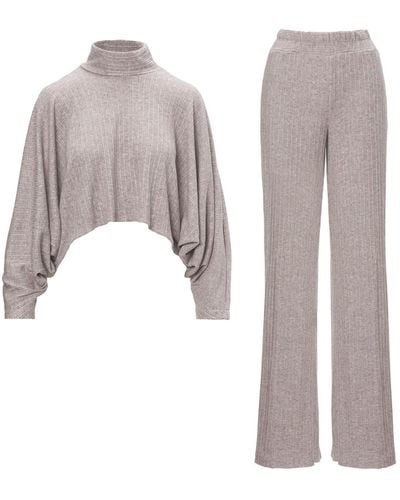 BLUZAT Neutrals Knitted Matching Set With Blouse And Wide Leg Pants - Gray