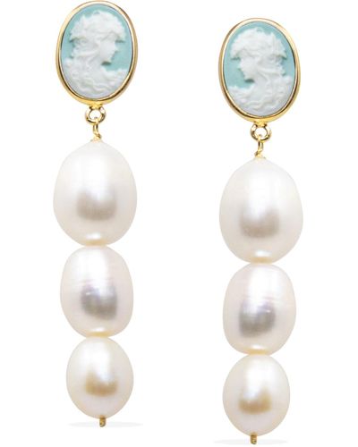 Vintouch Italy Portrait Of A Girl Green Cameo And Pearl Earrings - White