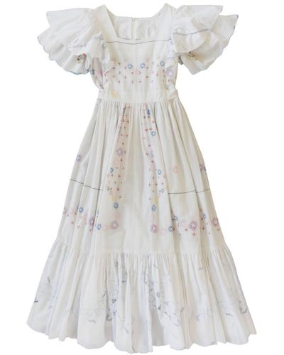 Sugar Cream Vintage Upcycled Vintage Cornflower Embroidered Maxi Dress - White