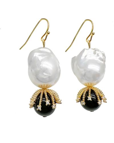 Farra Baroque Pearls With Black Obsidian Earrings - White