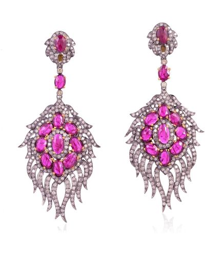 Artisan Ruby Diamond 18k Gold Designer Dangle Earrings 925 Sterling Silver Jewellery - Pink