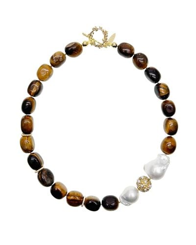 Farra Gorgeous Tiger Eye With Baroque Pearls Necklace - Black