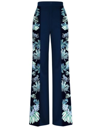 CASSANDRA HONE Navy Crepe Trouser With Silk Printed Sides - Blue