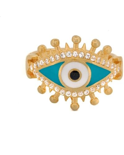 Ebru Jewelry Turquoise & Diamond Spiritual Evil Eye Adjustable Gold Ring - Metallic