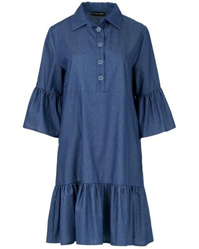 Conquista Denim Bell Sleeve Dress With Ruffle Hem - Blue