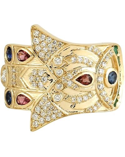 Artisan 14k With Tourmaline & Blue Sapphire Emerald Pave Diamond Designer Cocktail Ring - Metallic