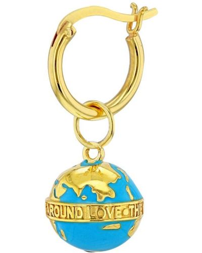 True Rocks Turquoise Enamel & 18kt Gold Plated Globe Earring On Gold Hoop. - Blue