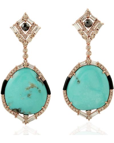 Artisan 18k Rose Gold Pave Diamond Turquoise Onyx Dangle Drop Earring's - Green