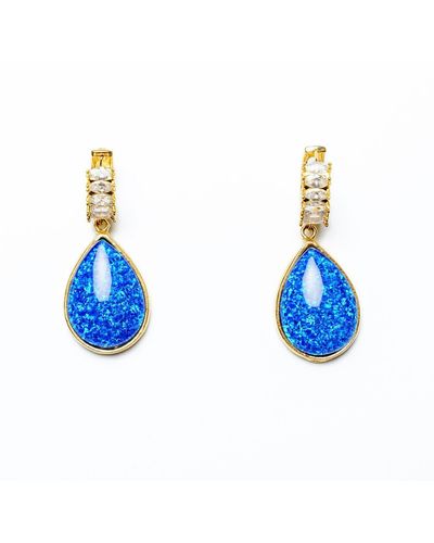 EUNOIA Jewels Majorelle Statement Tear Shaped Opal & Cubic Zirconia huggie Earrings - Blue
