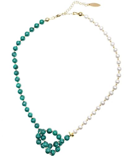 Farra Malachite Stones With Freshwater Pearl Knotted Choker - Metallic