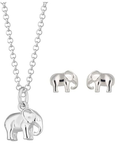 Lily Charmed Sterling Elephant Necklace & Studs Jewelry Set - Metallic