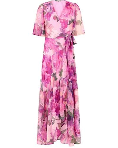 Hope & Ivy The Tessa Flutter Sleeve Maxi Wrap Dress With Tie Waist - Pink